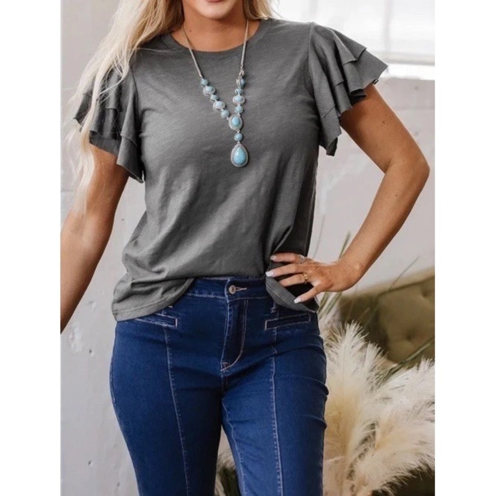 NWT Charcoal Ruffle Sleeve Crew Neck Top XL